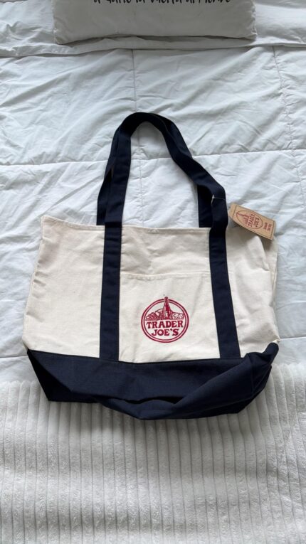 EXZMA Trader Joes Large Tote Shopping Bag Cotton Canvas Embroidered Bag (1), Navy Blue